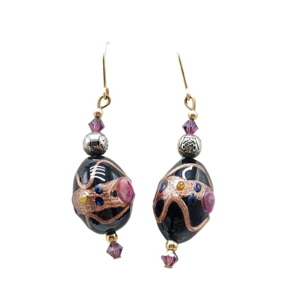 Black Gold Pink Lampwork Glass Dangle Earrings Hook Closure Gold Tone Vintage